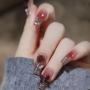 Elegant Red Rose and Butterfly Nail Art and Glitter and Brown Press On Nails